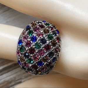 Silver RMN multicolored rhinestone statement ring